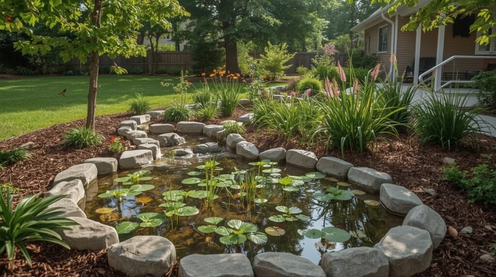 A rain garden filled with native plants in a shallow depression collecting overflow rainwater from gutters