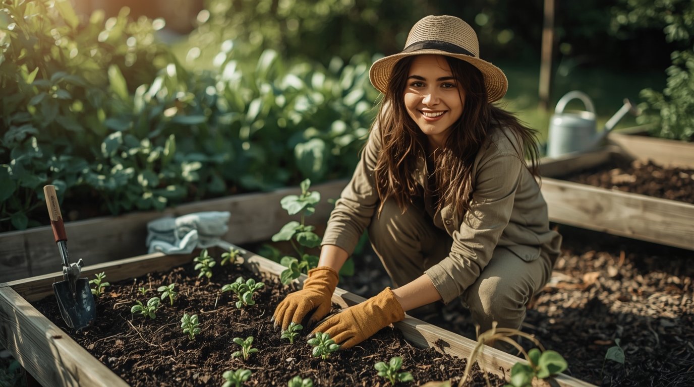 Beginner Gardening Guide with a person planting seedlings in a home garden using basic tools