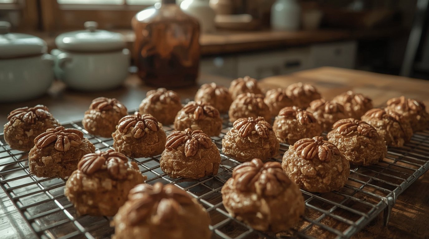 Freshly made pecan pralines on a rustic surface celebrating National Pralines Day on June 24