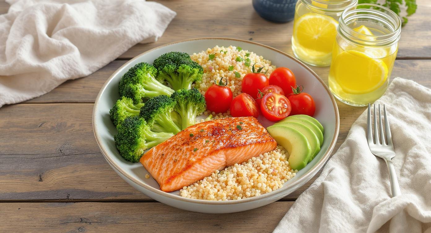 A colorful plate of healthy food with salmon, broccoli, quinoa, and avocado, illustrating balanced dieting for health