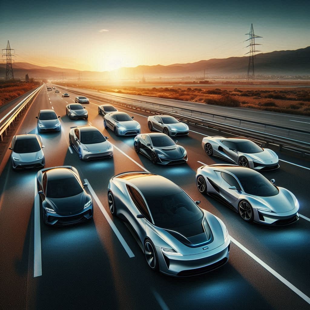 cars, A lineup of modern electric and fuel-powered vehicles under a sunset sky, featured image for the Wiwi.live car page showcasing global auto news and innovations.