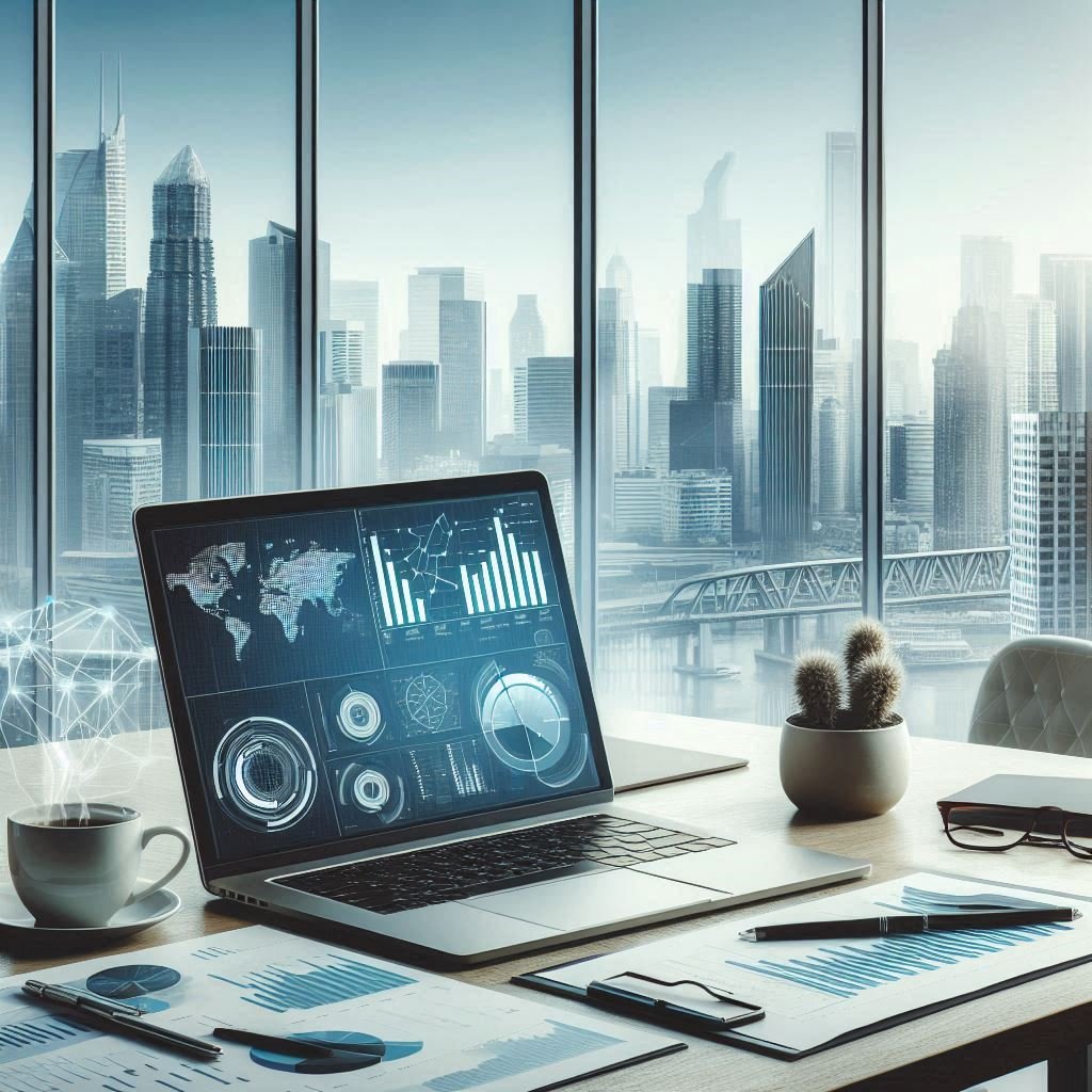 Business page featured image showing a modern office desk with digital charts and laptop, representing global business news and trends on Wiwi.live.