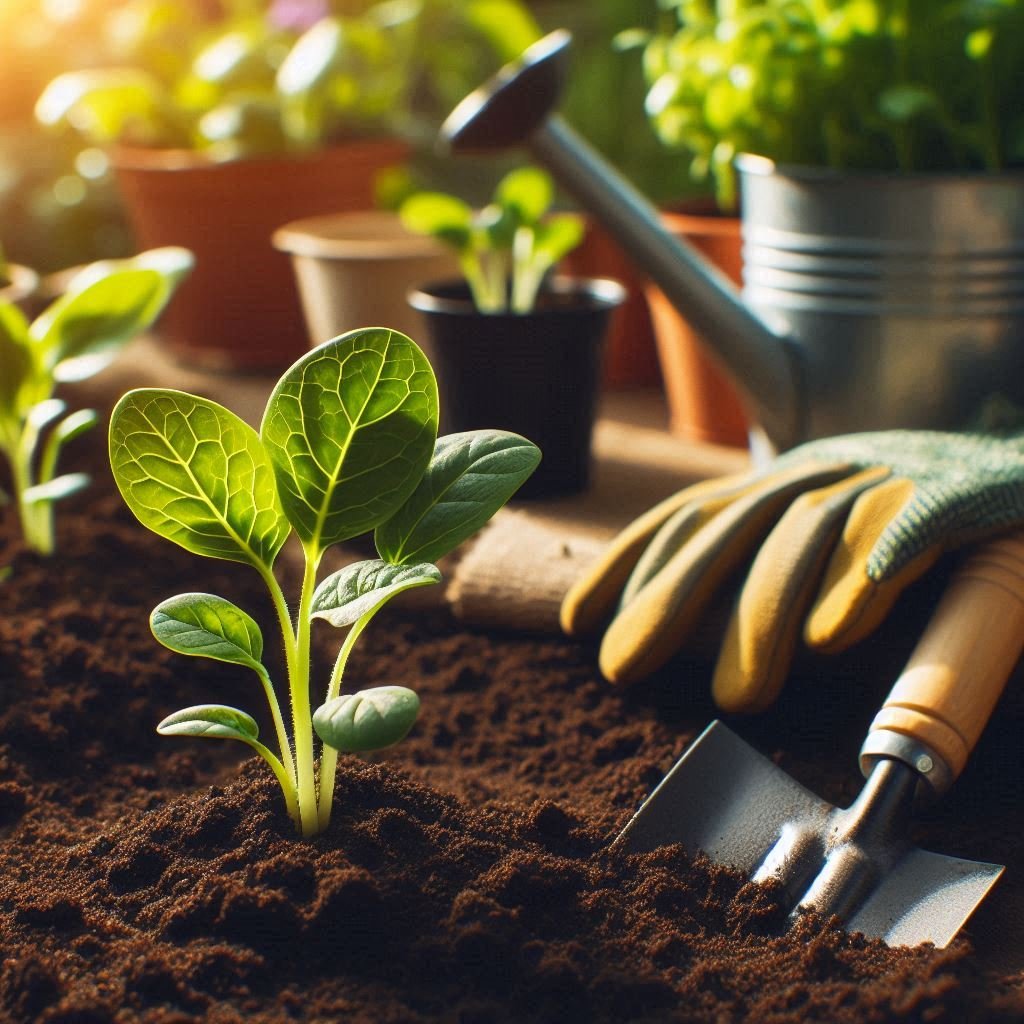 Beginner Gardening Guide - Gardening tools and young seedlings in healthy soil under sunlight, no people