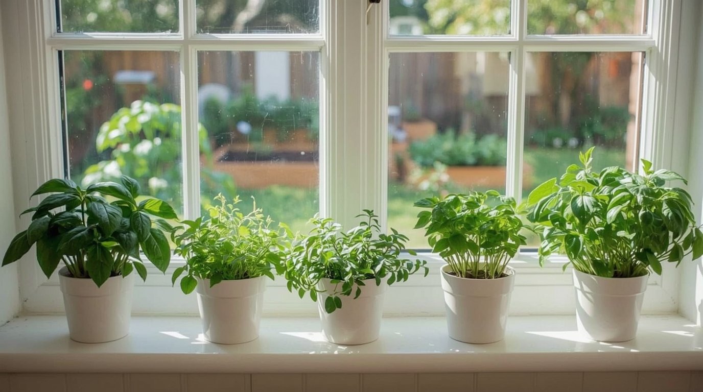 Grow Herbs Indoors & Out with fresh basil, mint, and parsley on a kitchen windowsill and garden bed
