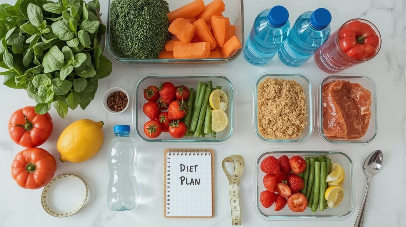Healthy dieting tips with meal prep containers, vegetables, and diet plan