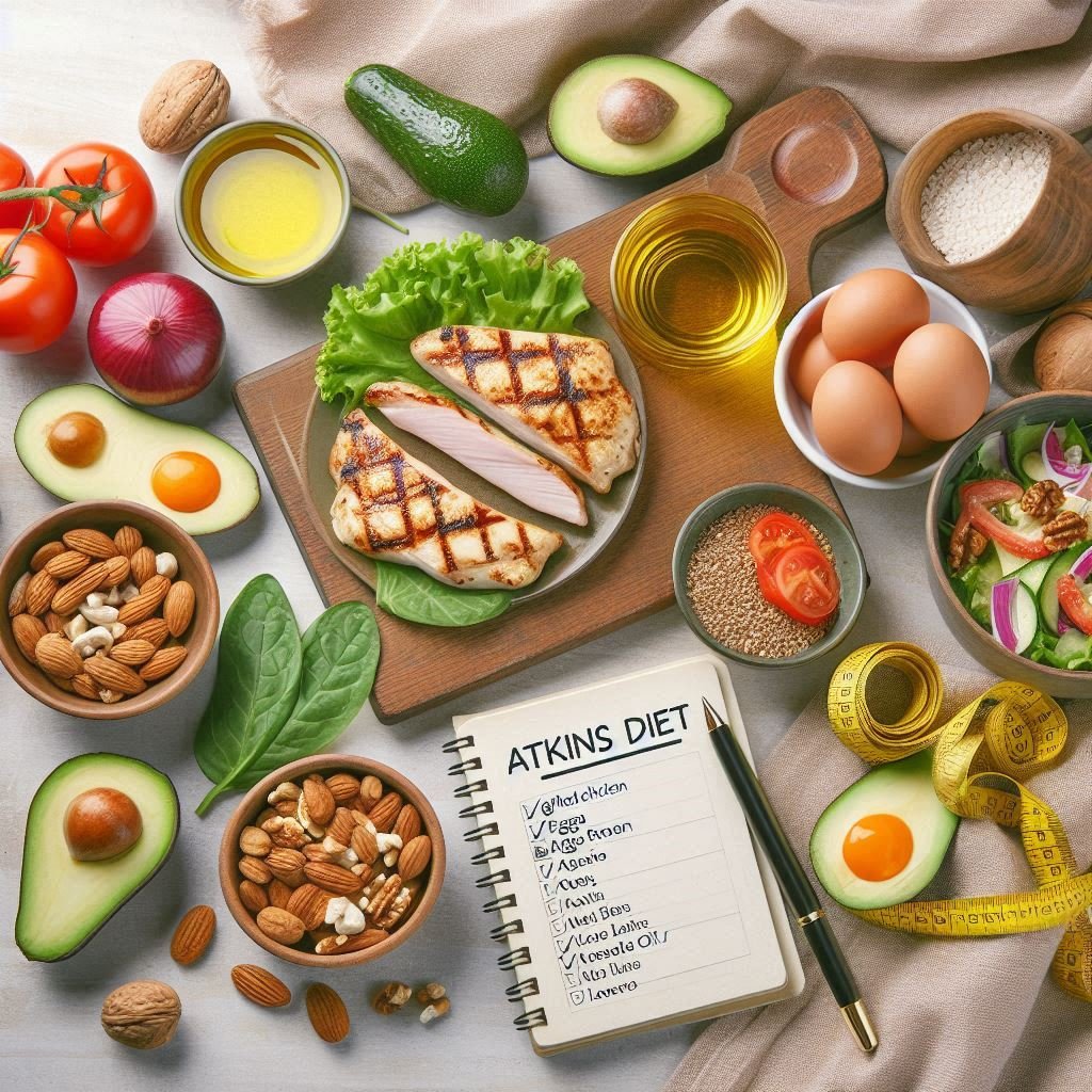 Healthy low-carb food flat lay for Atkins Diet plan