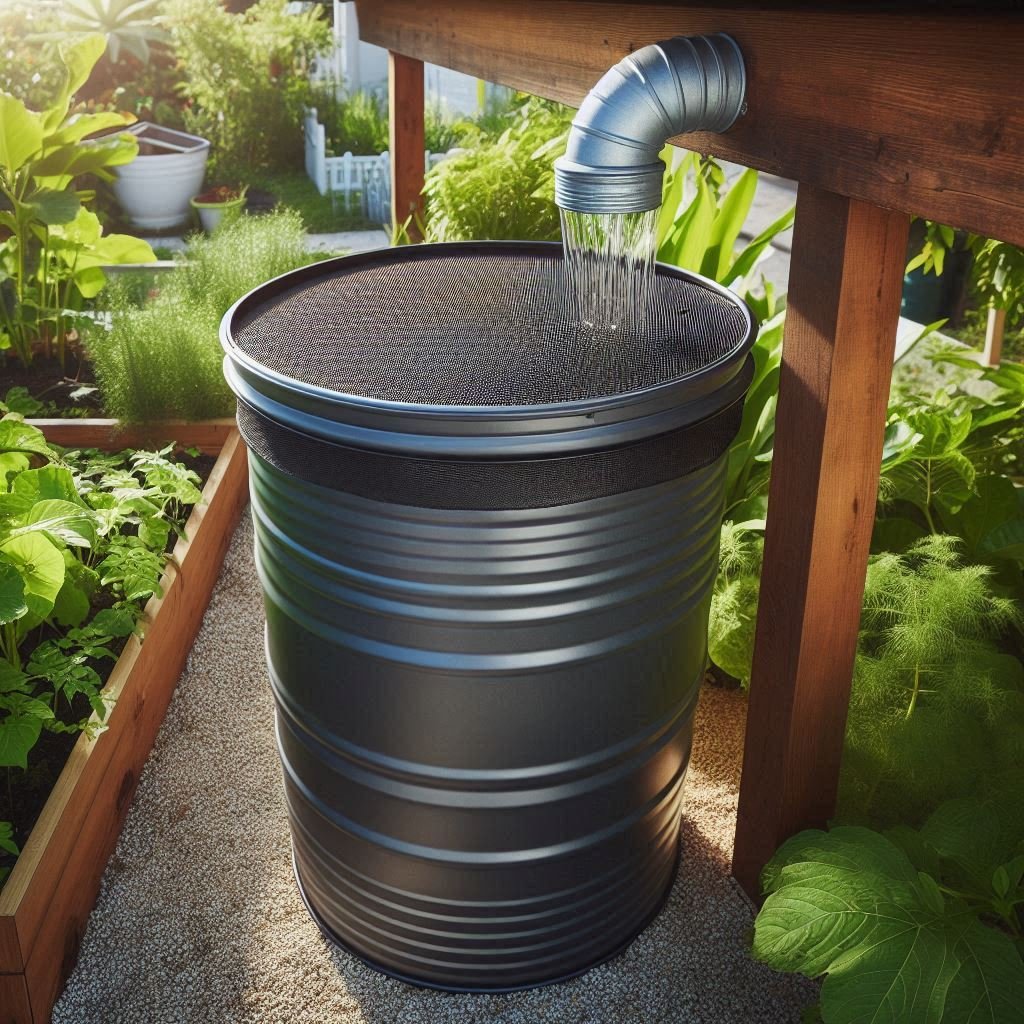 A sturdy rain barrel with a screened lid collecting rainwater from a roof downspout in a garden
