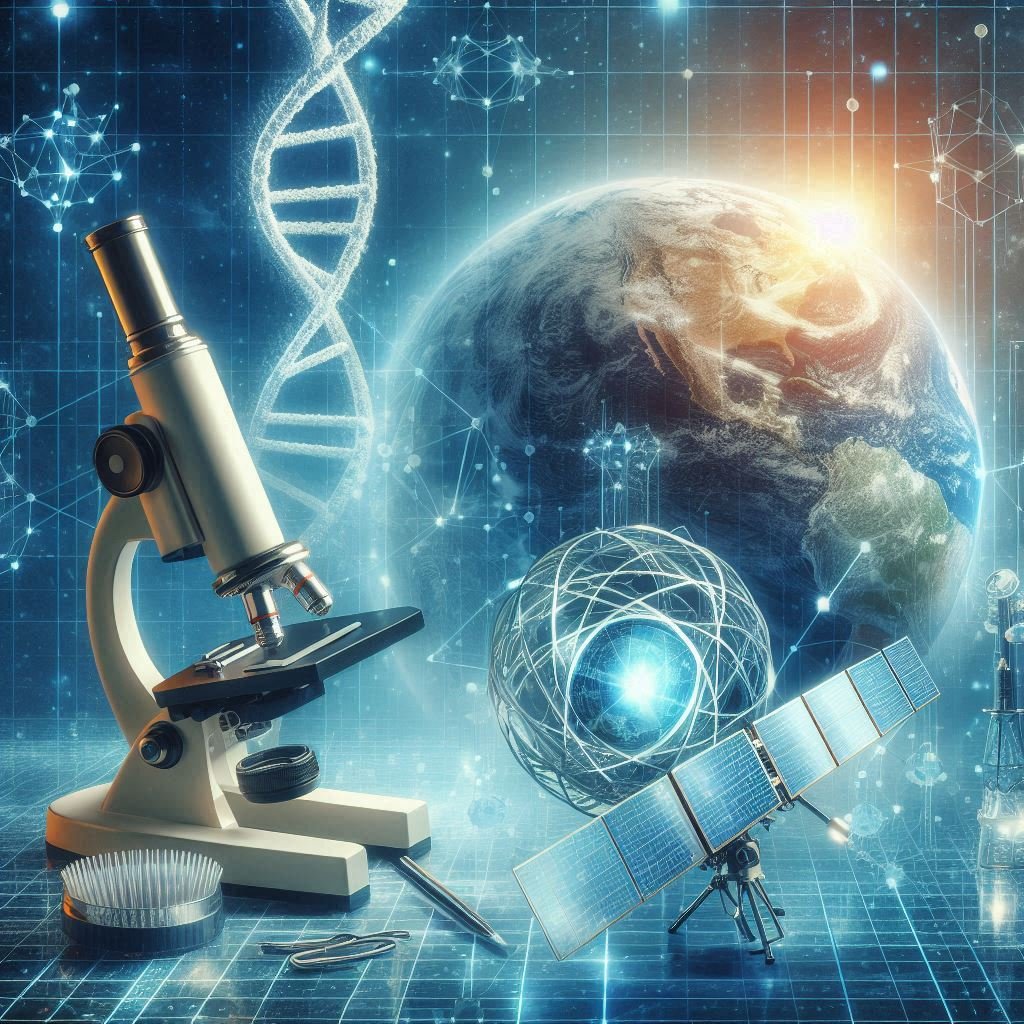 Image of modern science icons like DNA, satellites, and lab equipment for the Science Latest News page on Wiwi.live