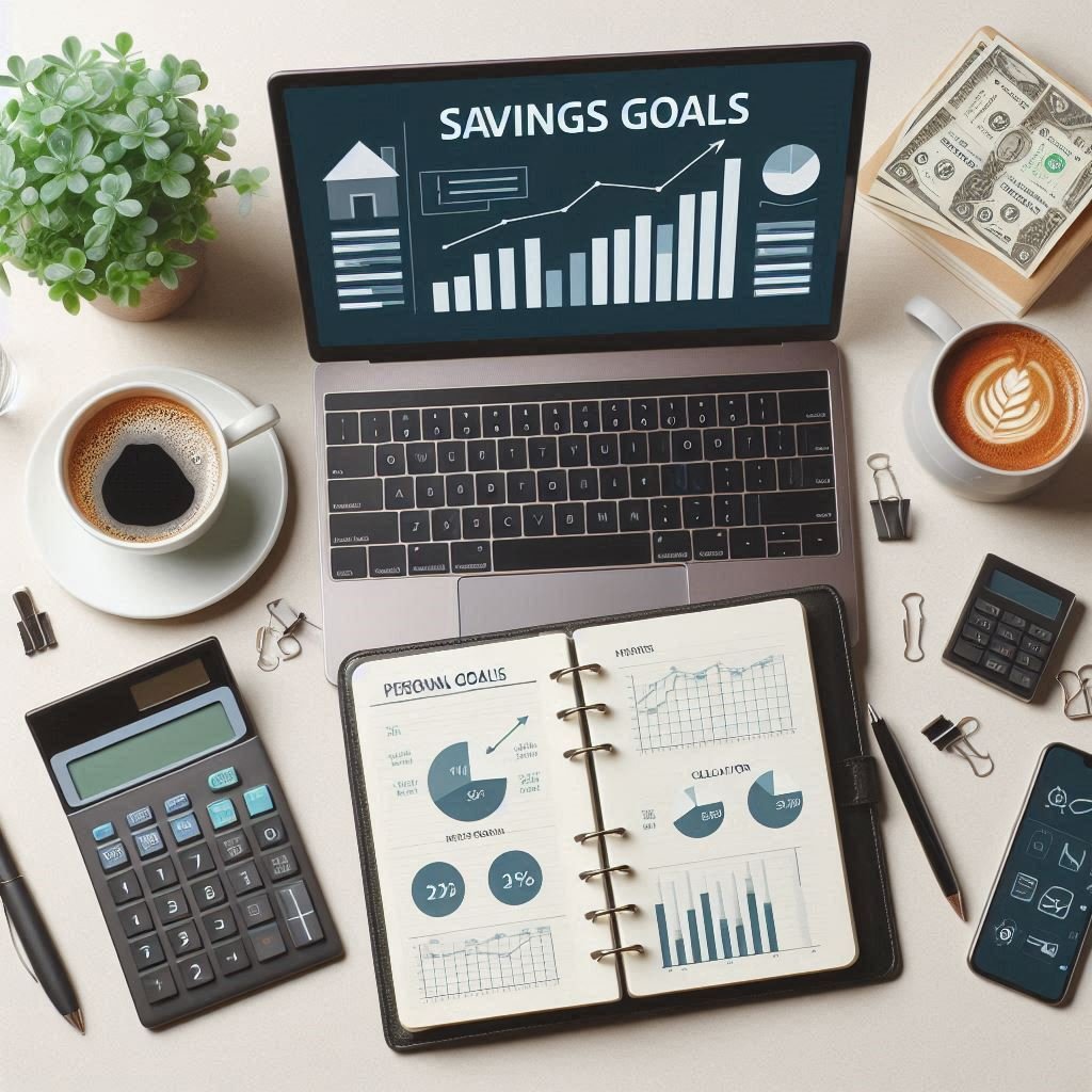 Smart budgeting workspace for personal finance planning with laptop charts, notebook, calculator, coffee, and plant on a minimal desk.