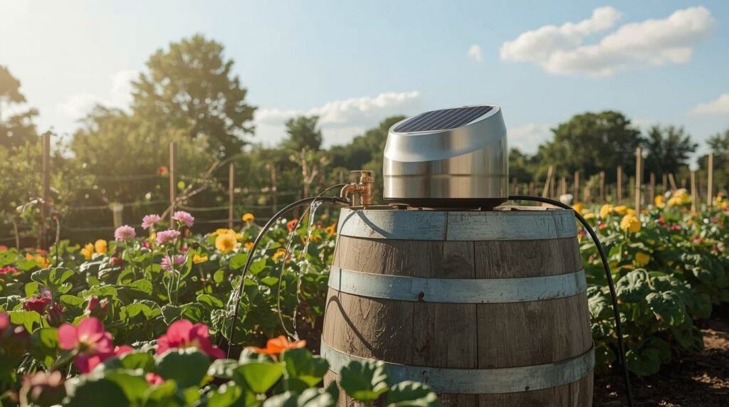 A solar-powered water pump connected to a rain barrel irrigating a garden with drip hoses on a sunny day
