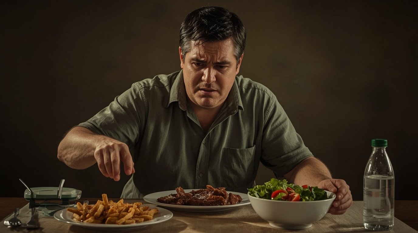 Overweight man choosing healthy salad over junk food, showing emotional struggle and commitment to dieting without sacrifice