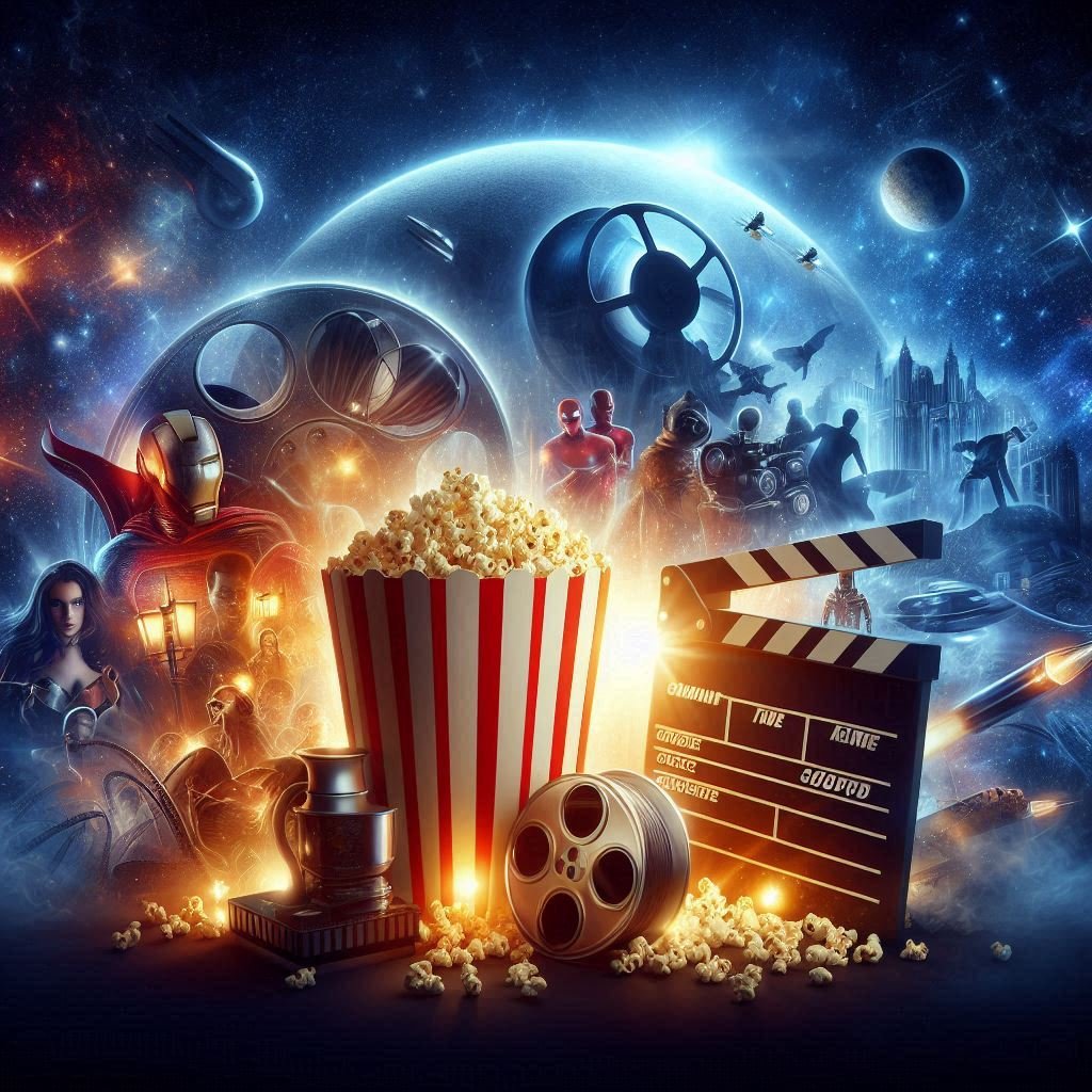 Cinematic scene with film reels, popcorn, and screen for Wiwi.live movies page