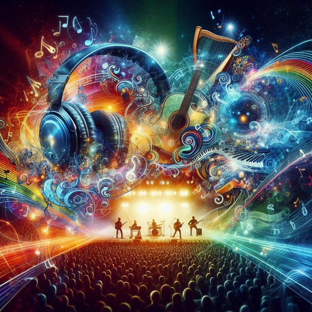 Colorful digital artwork of music notes, instruments, and a concert crowd on the Wiwi.live music page